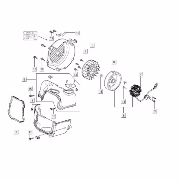 Technical drawing Ignition - Stator - Flywheel - Cooling shrouds Kymco Agility FR 12' 4-stroke Euro 4