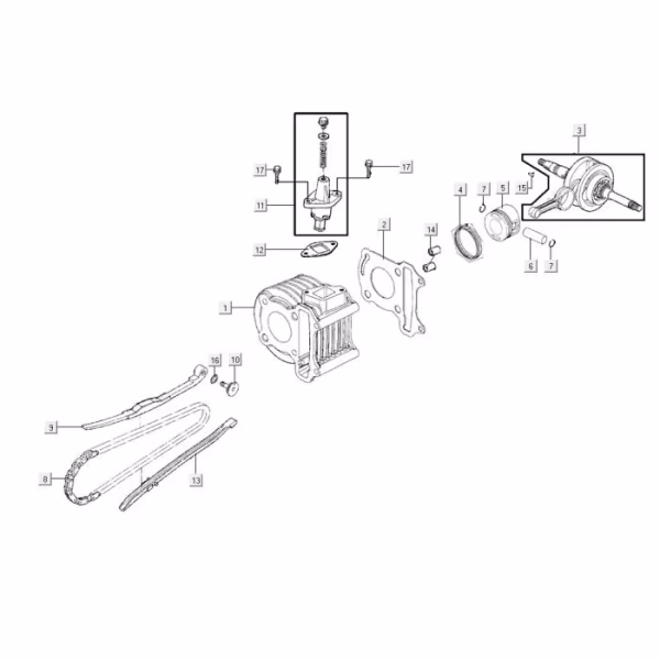 Technische tekening Cilinder-krukas met positienummers