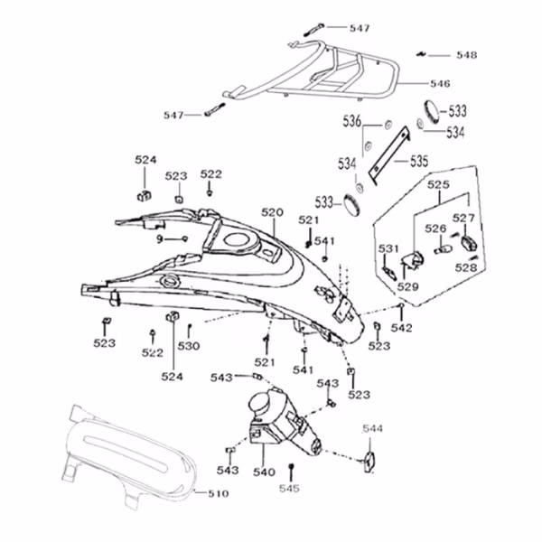 Technische tekening Achterlicht + kentekenhouder