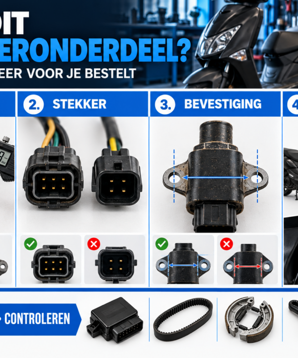 Scooteronderdeel kiezen: maat, stekker en bevestiging controleren