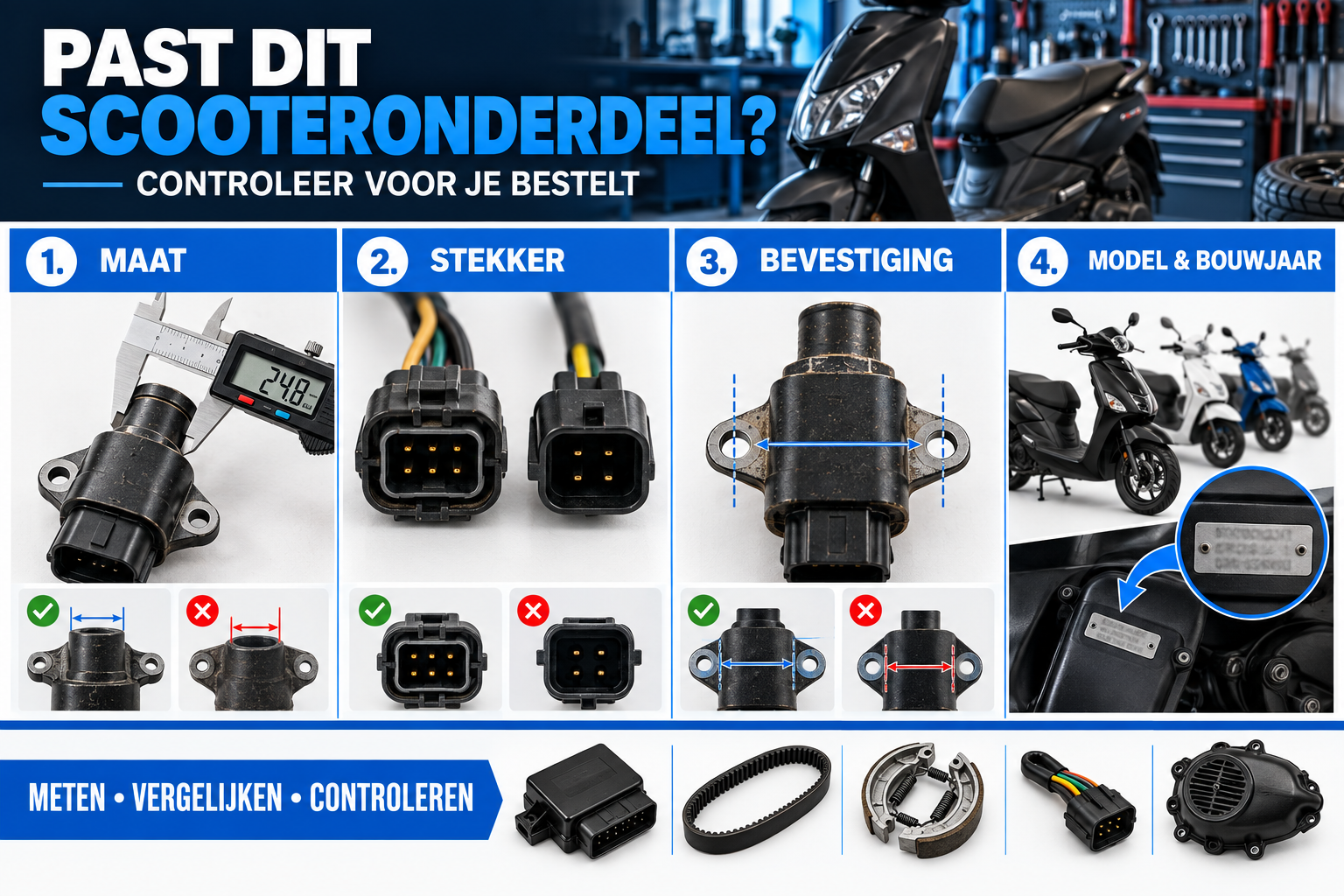 Scooteronderdeel kiezen: maat, stekker en bevestiging controleren